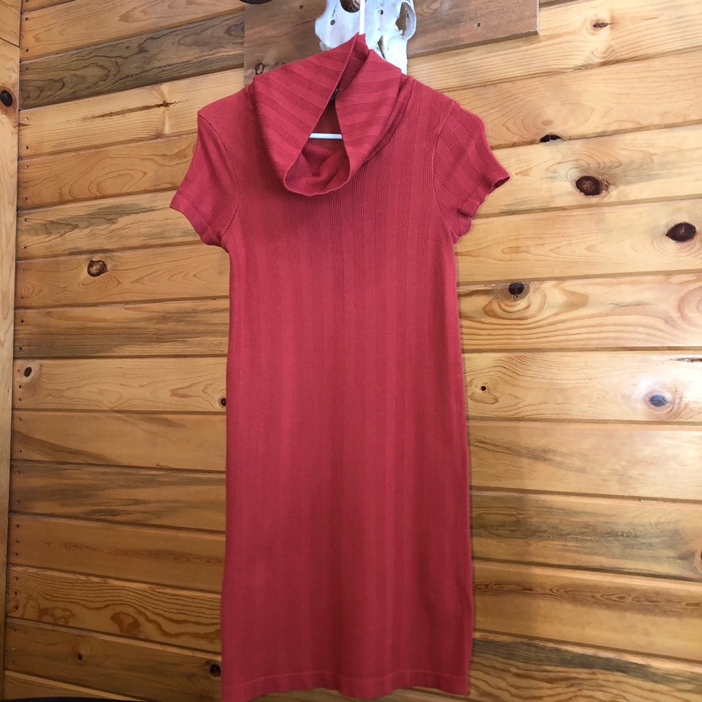 Dark orange red mini dress wuth colar short sleeve